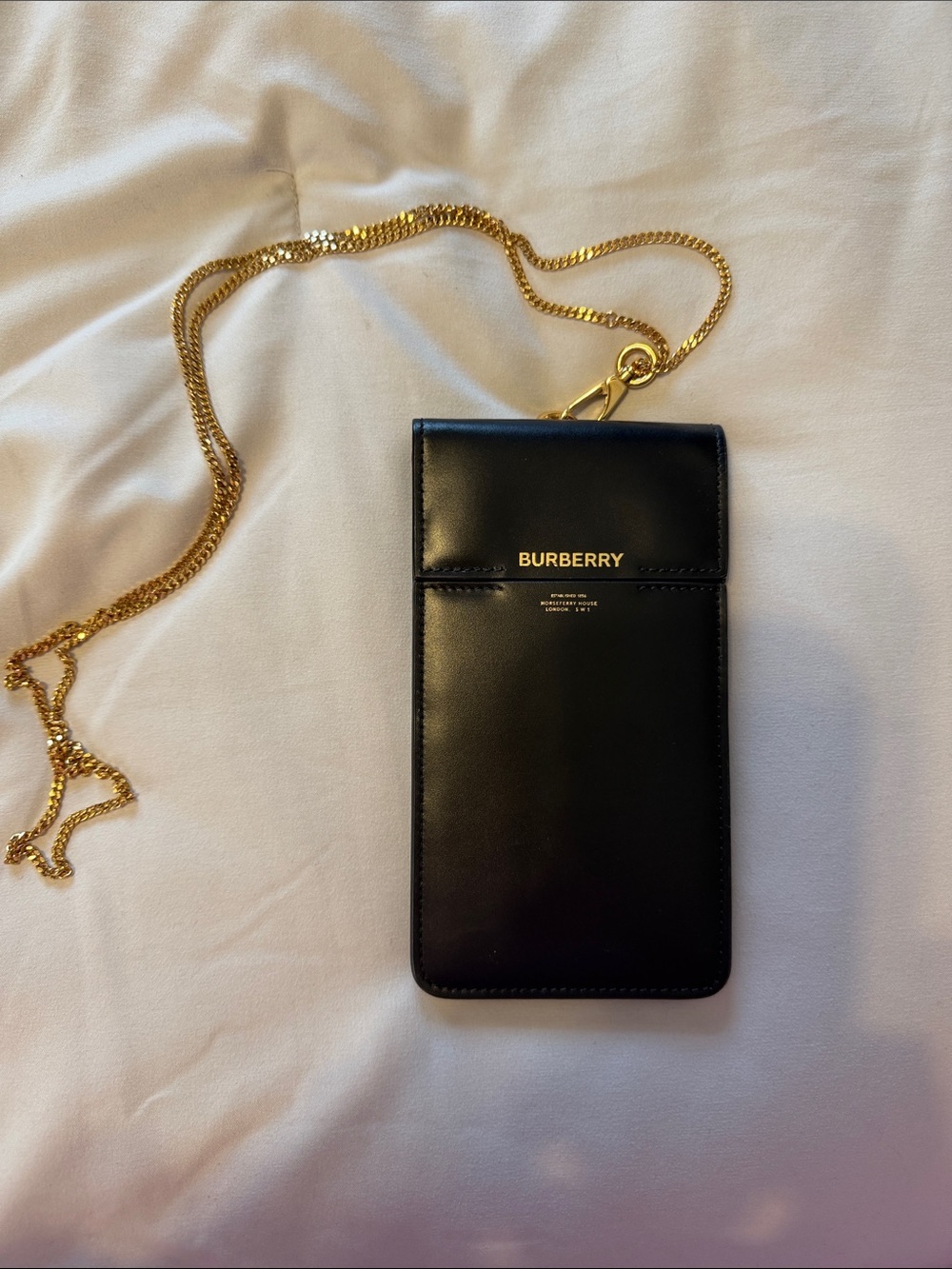 Burberry Black Leather Phone Crossbody with Gold Chain Strap